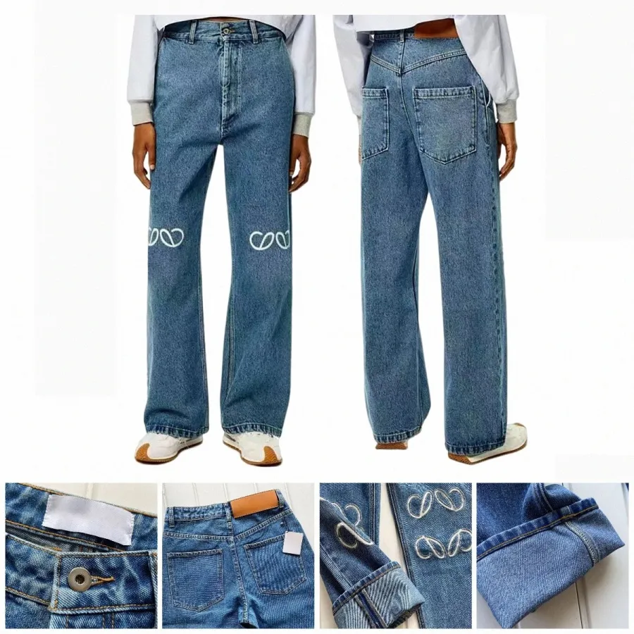 Designer-Damen-Jeans, eingetroffen, hohe Taille, Straße, ausgehöhlter Patch, bestickte Dekoration, lässige blaue gerade Denim-Hosen, warme Loewee-Lila-Jeans der Marke Warm