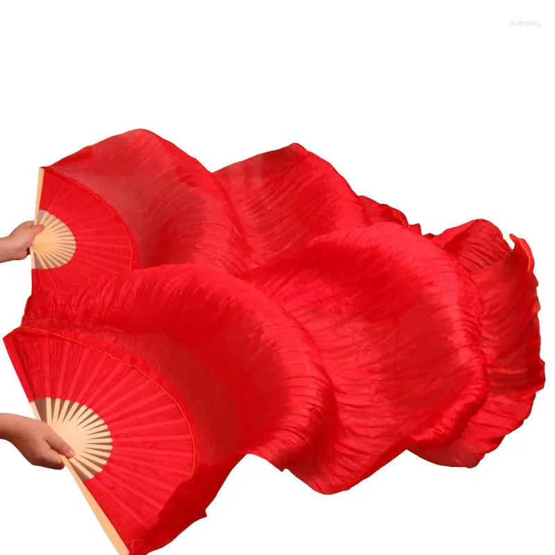 Stage Wear Natural Silk Veil Belly Dance Fans 1 Pair Handmade Dyed Dancing 180x90cm Props Pure Red Color 5 Sizes