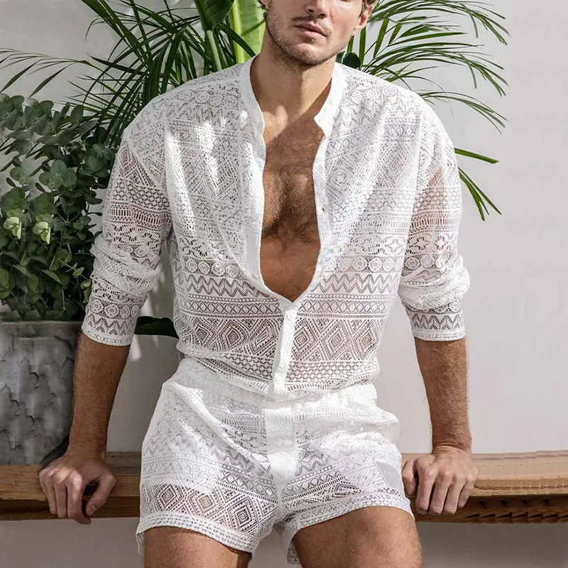 Männer Trainingsanzüge Sommer Set Männer Langarm T-shirt Shorts Casual Urlaub Beachwear Spitze Sexy Top und Hosen Zwei Stück Sets Mann Passenden Outfits 230808