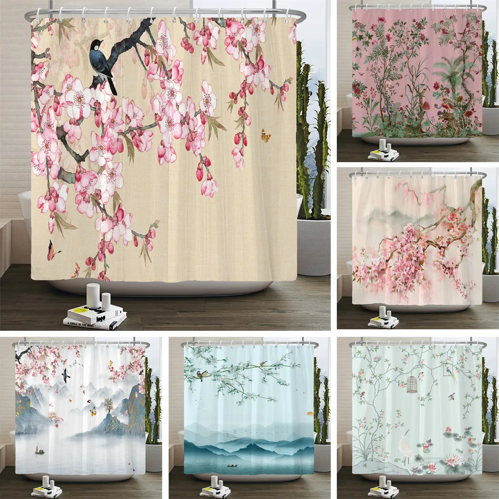 Toothbrush Holders Flowers and Birds pattern Shower Curtain 3D Bath Screen Waterproof Fabric Bathroom Decor 240X180cm With Hook Curtains 230809