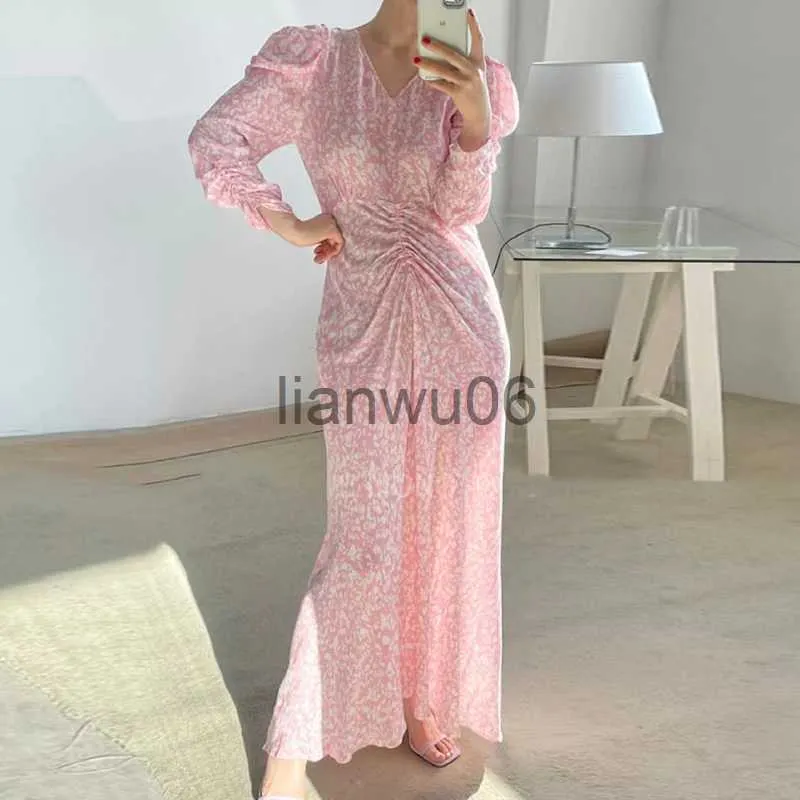 Stylish Pink Print Midi Pink Maxi Dress With V Neck And Stylish Pink Print Midi Pink Maxi Dress With V Neck And