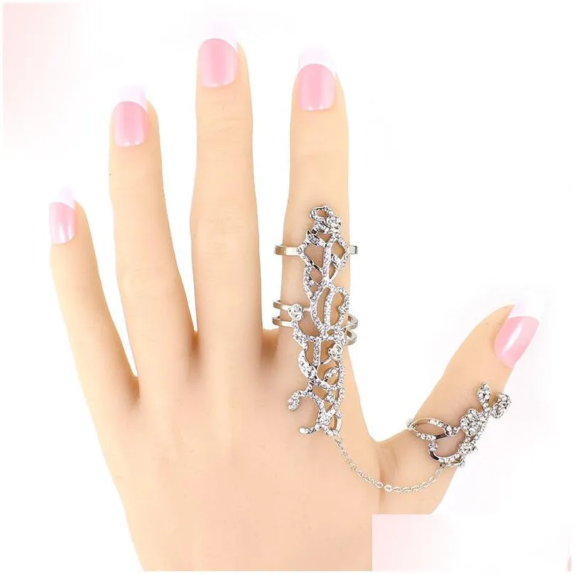 Anelli a grappolo New Gothic Punk Rock Strass Croce Knuckle Joint Armor Lungo Fl Dito regolabile Regalo per le donne Ragazza Gioielli di moda Dh4Q7