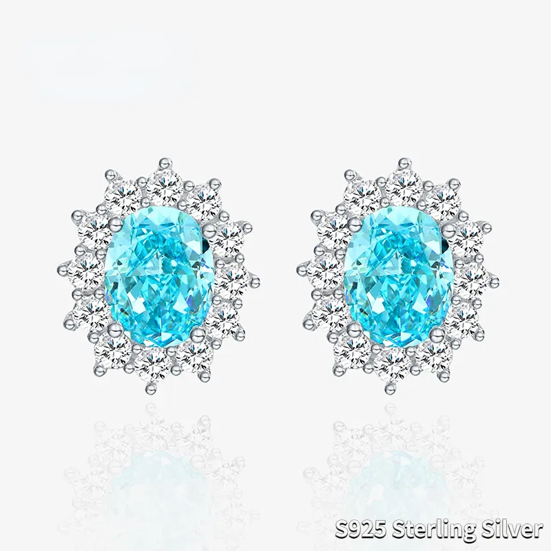 2023 New Ice Flower Cut Earrings Light Sea Blue High Carbon Diamond Earrings s925 Sterling Silver Style Premium Earrings