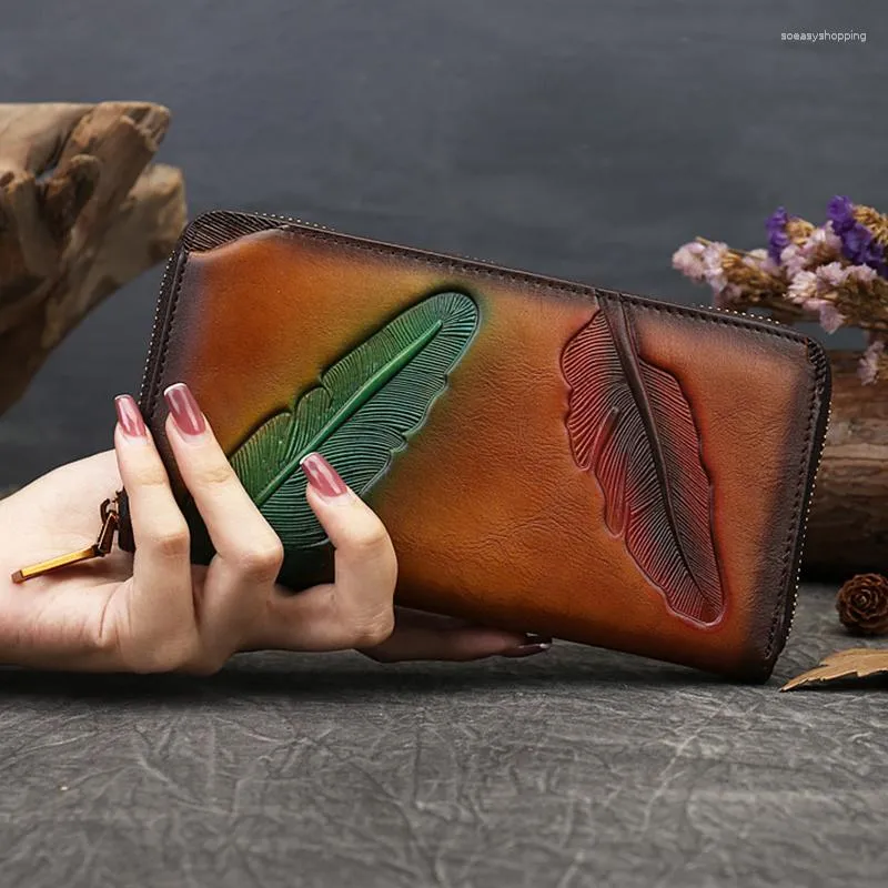 Plånböcker kvinnor äkta läder långa plånbok handväska koppling väska kredit id kort kasshållare retro kvinnlig naturlig hud blixtlåsspåsar