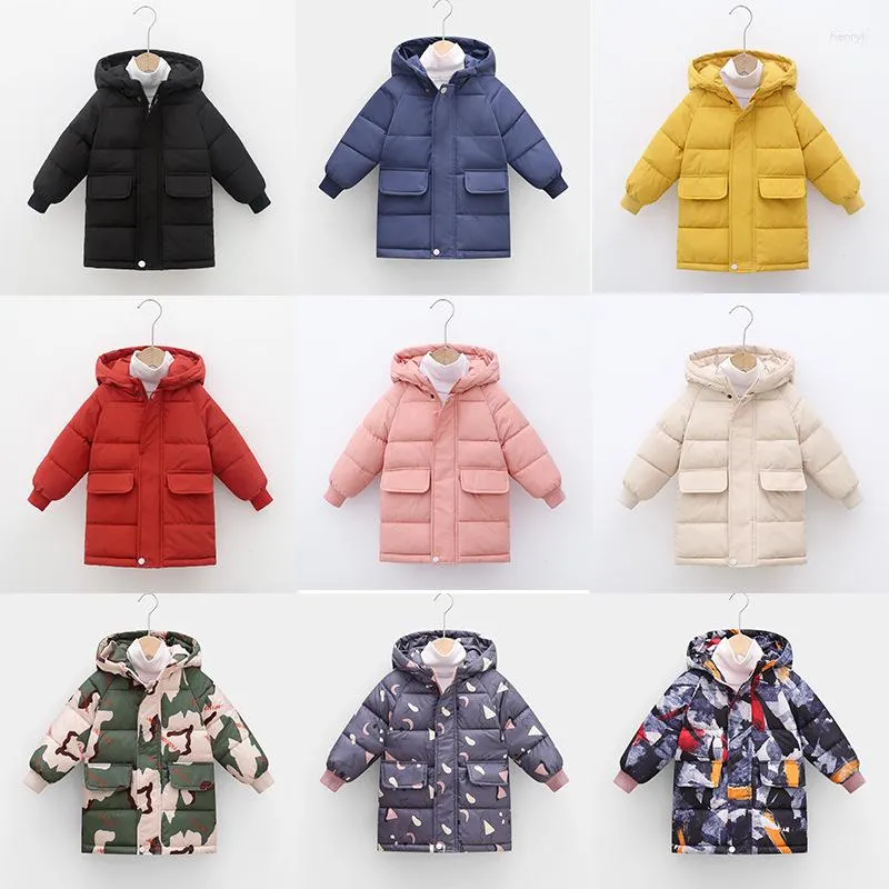 Płaszcz chłopców i dziewcząt bawełniany odzież zima zagęszczona wyściełana kurtka z kapturem dzieciak o średniej długości