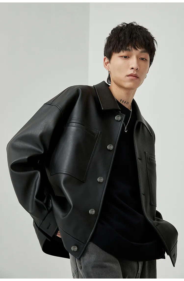 メンズジャケットマウロイカルディ春秋、短い袖の韓国ファッション230809のための男性用ポケットのための短い茶色の黒い柔らかいフェイクレザー
