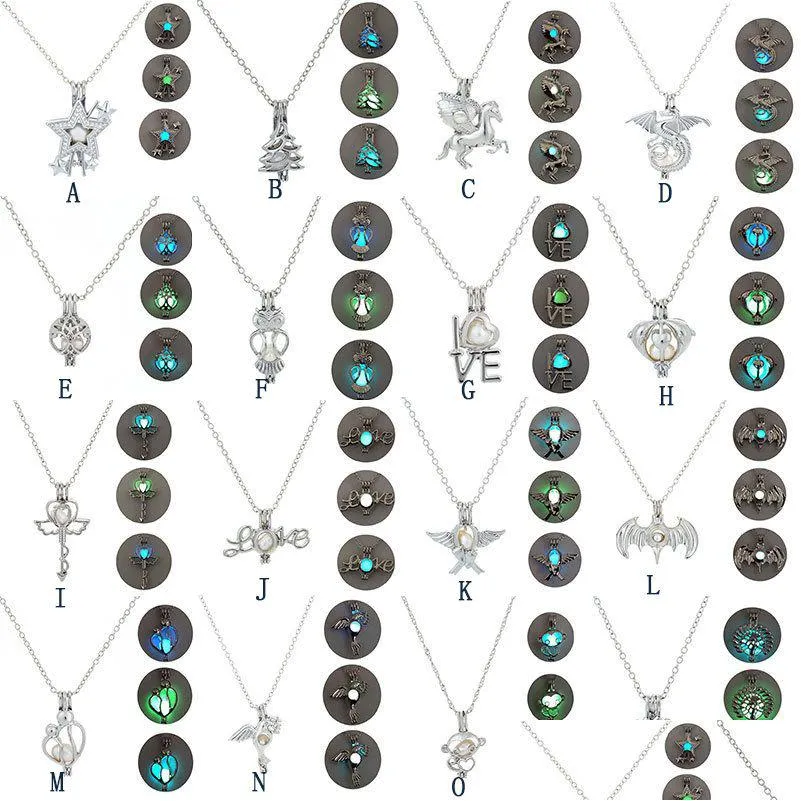 Anhänger Halsketten Glow In The Dark Star Baum des Lebens Drache Liebe Eule Schlüssel Pegasus Offener Käfig Medaillons Kette für Frauen Modeschmuck Dro Dhipn