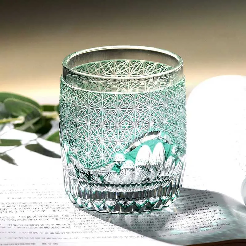 Green Bamboo Whisky Water Vodka Glasses Japan Edo Kiriko Glass Hand Cut to Clear Crystal Rocks Cup Drinking Drinkware 9oz HKD230810