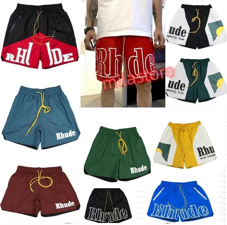 Rhude Mens Atlético Malha Curto Homens Mulheres de Alta Qualidade Clássico Praia Moda Designer Casual Rua Hip Hop Shorts Azul Verde e Vermelho Tamanho S-XL