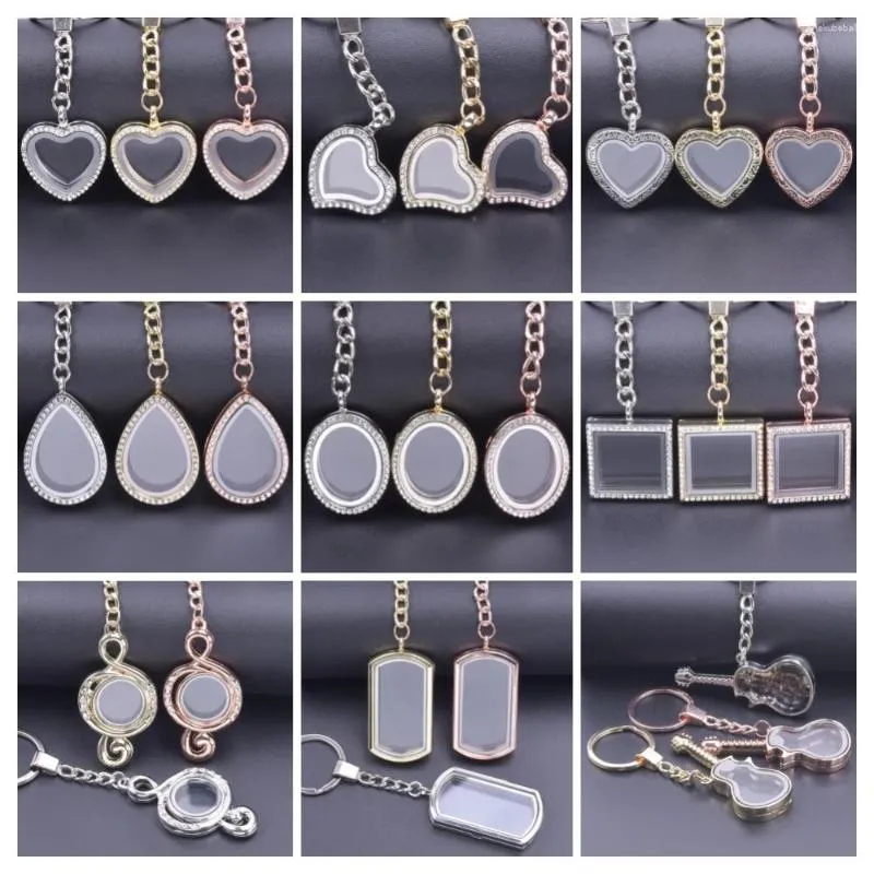 Keychains Mix Size Heart Square Floating Locket Keychain Po Memory Relicario Glass Pendant Key Chain Diy Women Men smycken gåvor