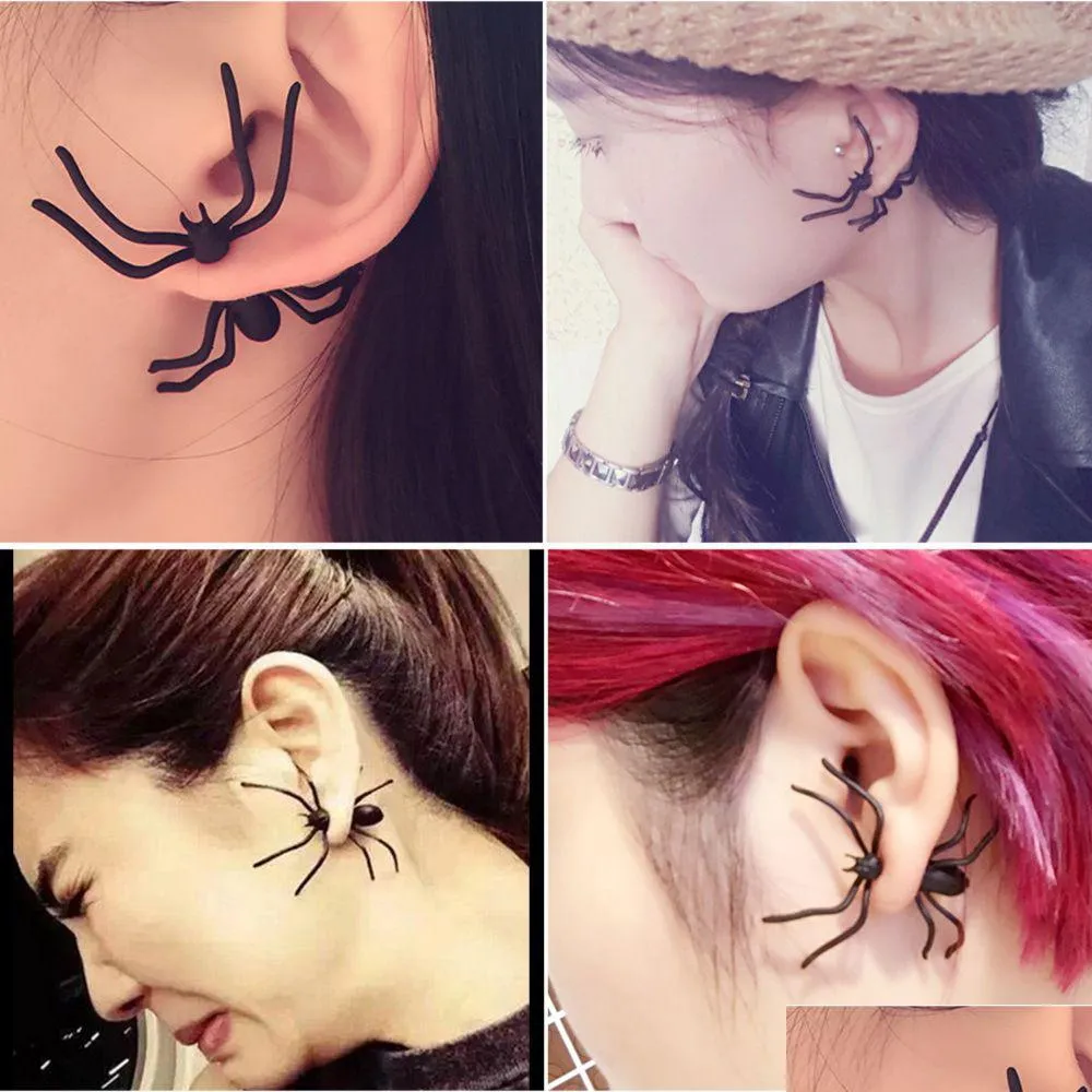 Stud Punk Black Spider Charm Ear Womens Halloween Party Night Gift Brincos para senhoras Moda Jóias Drop Delivery Dhdat