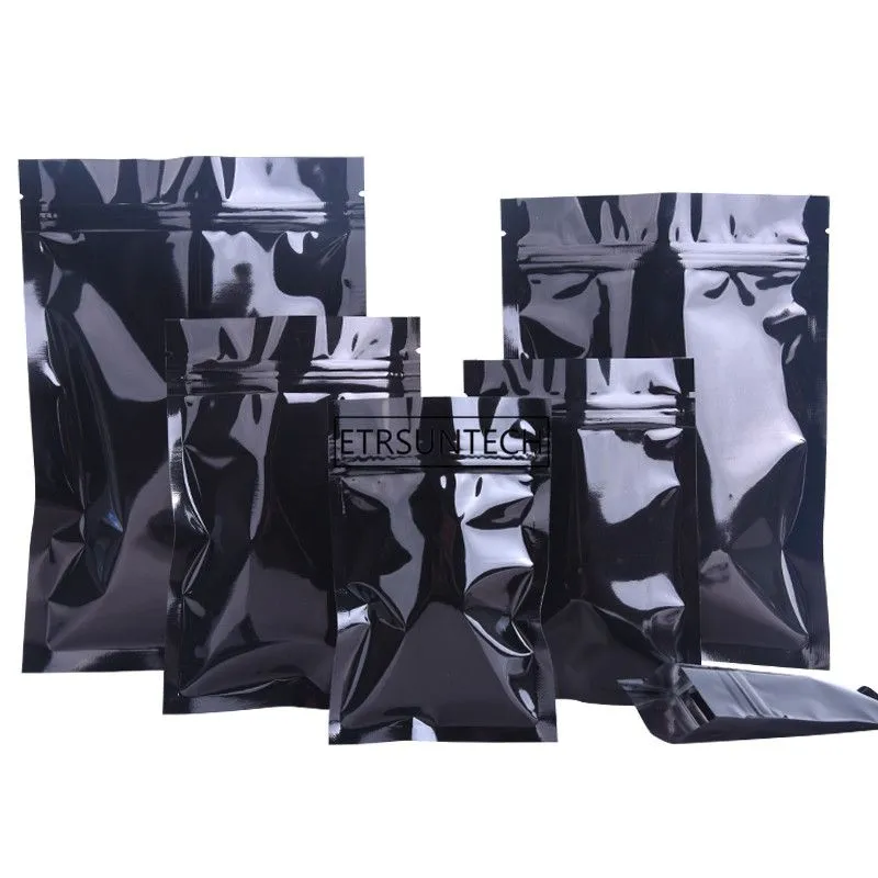 11 Dimensione Borsa in alluminio nero Fondo piatto Mylar metallizzato Borsa con cerniera nera Borsa per imballaggio alimentare LX1042