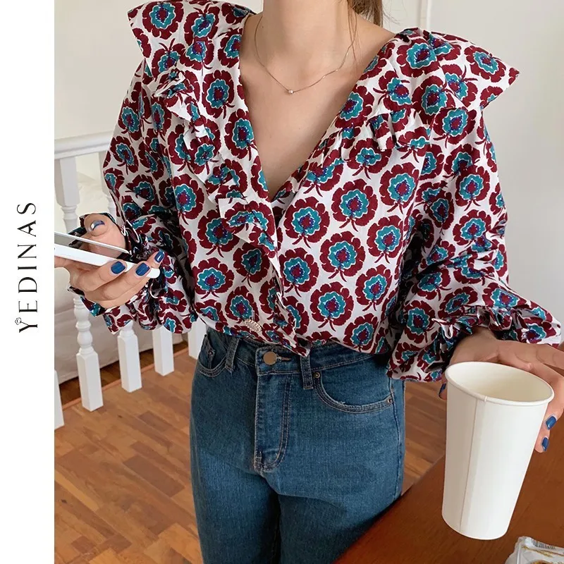 Kvinnors blusar skjortor Yedinas Japan Style Chiffon Shirts Peter Pan Collar Lantern Sleeve Blause Female Spring Topps Pearl Buttons Floral Bluses 230808