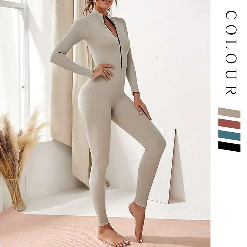 Womens Ribbed Yoga Seamless Jumpsuit Tight, Long Sleeve, Zipper Closure  Sexy Fitness Workout Bodysuit From Shenping03, $32.49