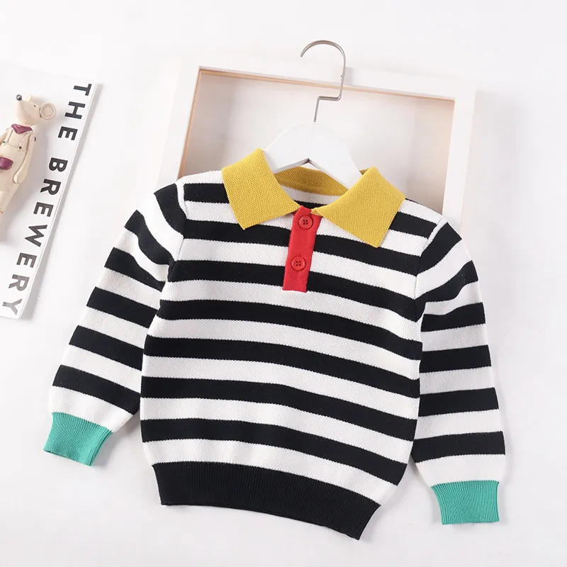 Pullover Boys Sweater Winter Cotton pullover Girls striped Knitted Sweaters 28year Kids baby Turndown Collar Tops overcoat 230809