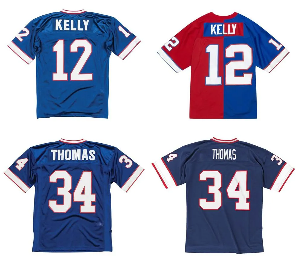 Dikişli Futbol Forması 34 Thurman Thomas 12 Jim Kelly 1990 1994 Mesh Retro Rugby Formaları Erkek Kadın Gençlik S-6XL