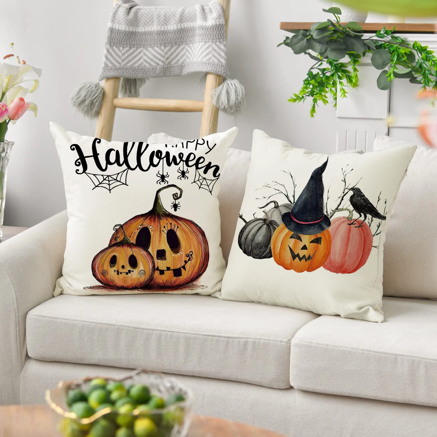Halloween Pillow Covers 18x18 Inch Ghost Pumpkins Linen Pillowcase Holiday Farmhouse Throw Pillows Indoor Outdoor Couch Cushion Case for Home Sofa Decor