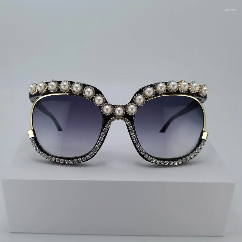 Sunglasses Fashion DIY Handmade Oval Women Ladies Diamond Pearl Oversized Designer Eyewear UV400