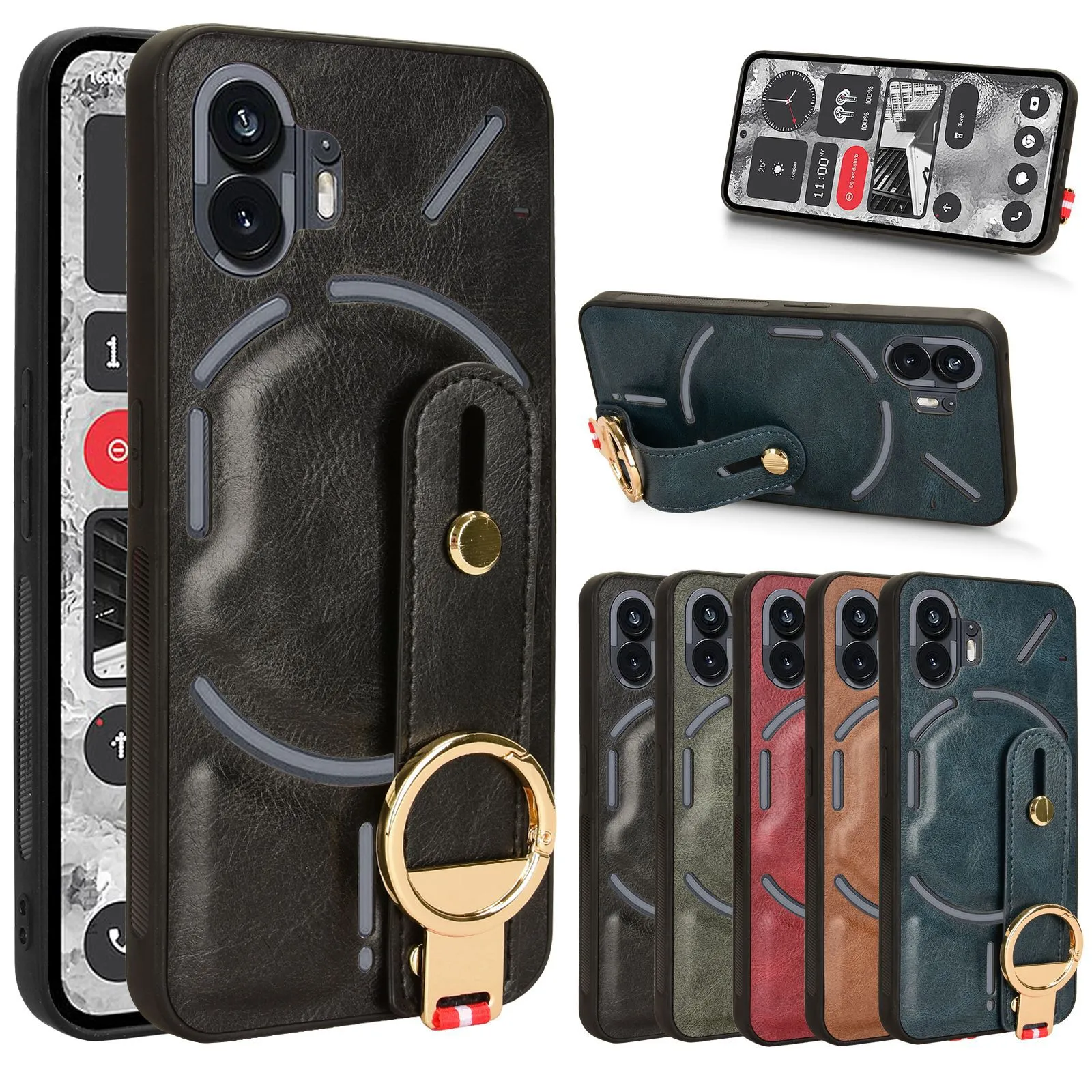 Alça de pulso For Nothing Phone 2 Estojo Dois Suporte de Anel Capa de Proteção de Couro PU