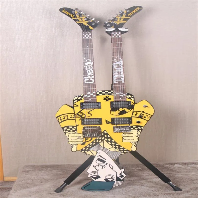 Promocja Tani Trick's Rick Nielsen wujek Duber Neck Yellow Electric Guitar White Pearl InLay Kahler Bridge on the L311s