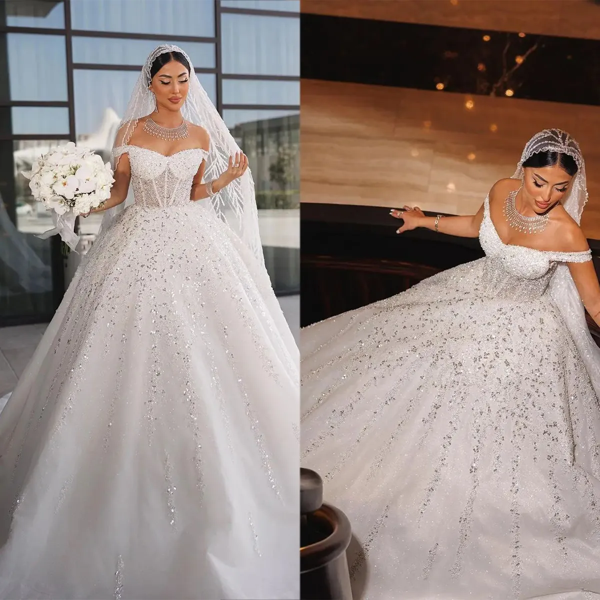 Moda linha A vestidos de noiva vestidos ombro a ombro vestidos de novia com lantejoulas feitos sob encomenda