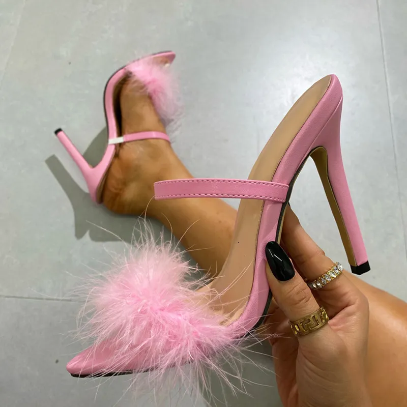 Liyke Design Pink Pink Fluffy Feather High Heels Slippers vrouwelijke mode peep teen zomer sandalen vrouwen muilezels glijbanen pompen schoenen 230808