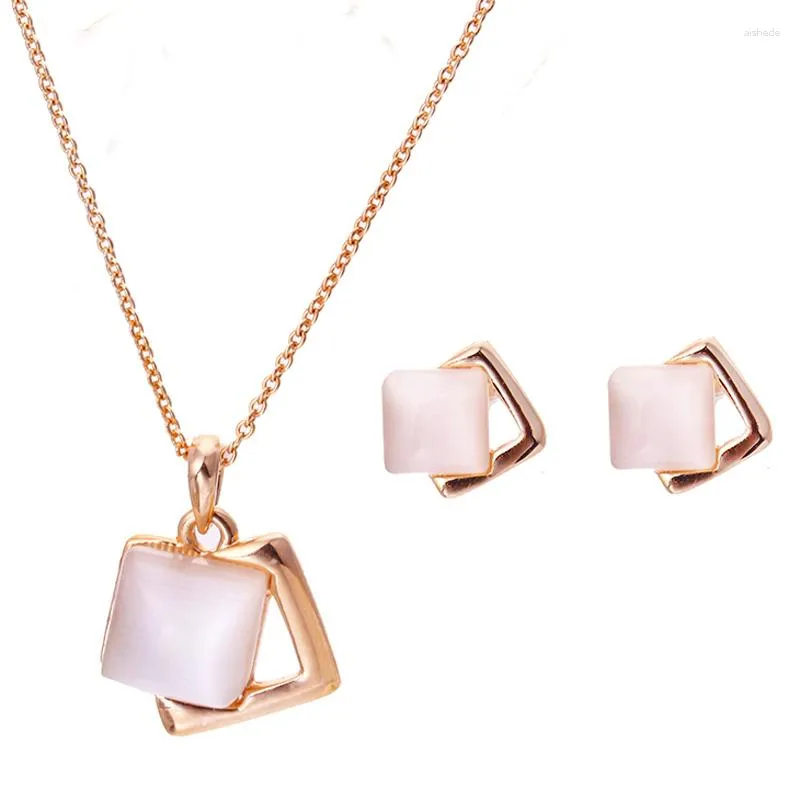 Colar Conjunto de Brincos Moderno Rosa Ouro Cor Opal Brinco Jóias Rigant Geometria Vintage Para Mulheres Presente Quadrado Atacado Gota