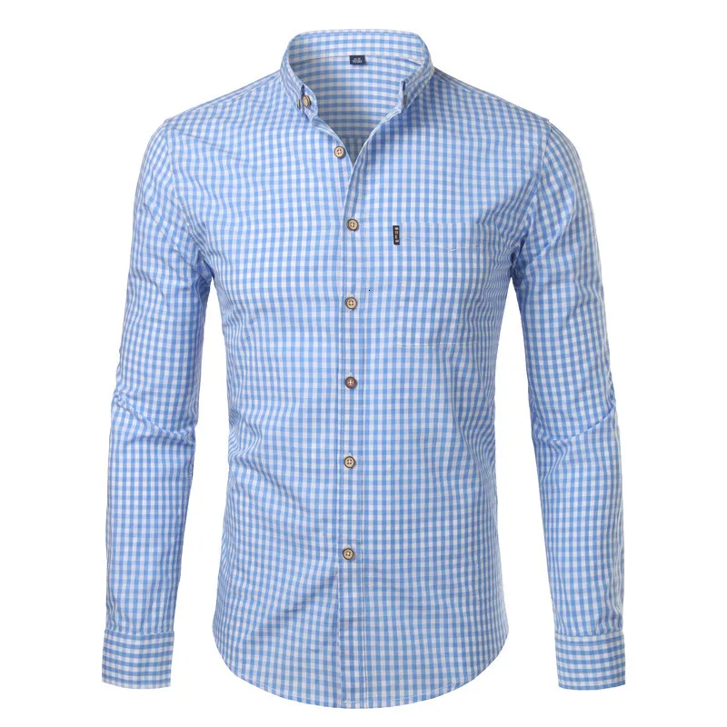 Koszulki męskie małe kratę guziki na guziki Mężczyźni Lato długi rękaw Slim Fit Sukienki Koszule swobodne kontrole gingham chemise homme 230808