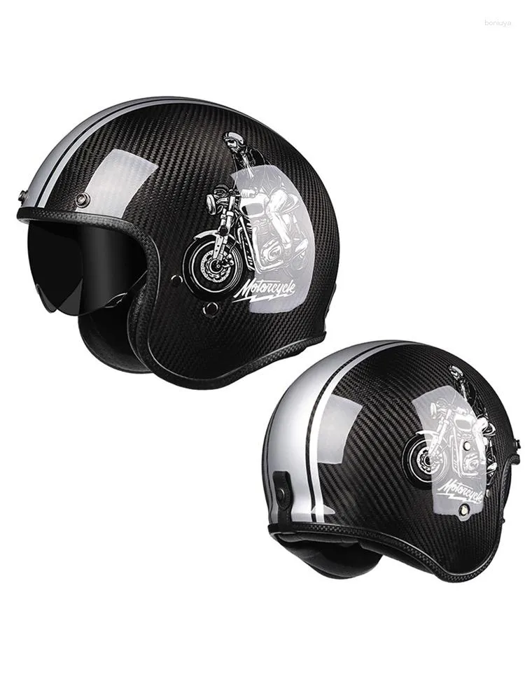 オートバイヘルメットDOT承認3/4ジェットヘルメットサンバイザーカスコカッケテの男性と女性オリジナルブラックカーボンファイバーカスケカフェレーサー