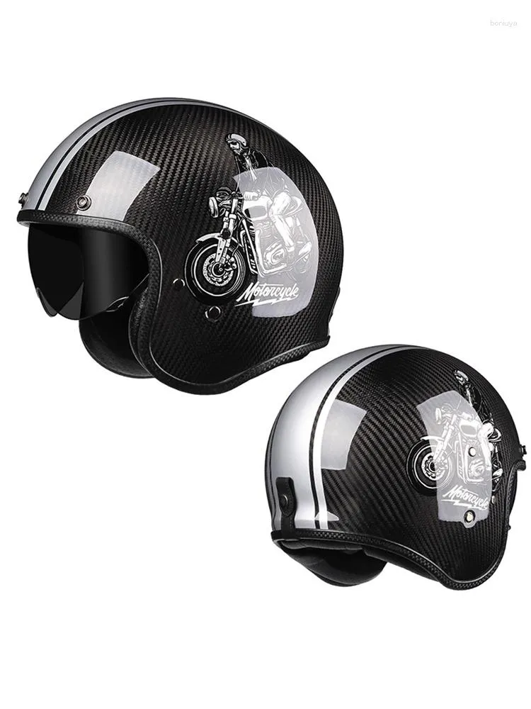 Capacetes de motocicleta DOT Approved 3/4 Jet Capacete Viseira Casco Capacete Homens e Mulheres Original Preto Fibra de Carbono Casque Cafe Racer