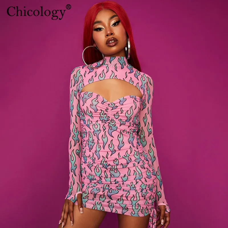 Urban Sexy Jurken Chicology Pink Fire Y2K Leuke Jurk Lange Mouw Bodycon Party Club Outfits Vrouwen Zomer Kleding Verjaardag Streetwear 230808