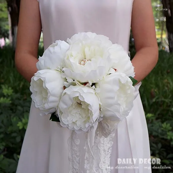 Flores decorativas artificiais peônia branca buquê de noiva contas de strass noiva segurando flor dama de honra Ramo De Boda Novia
