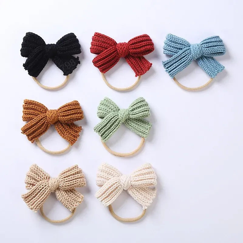 Cute Knitting Wool Bowknot Elastic Hairband Infant Solid Color Crochet Bows Nylon Headband Children Headwear Birthday Gift