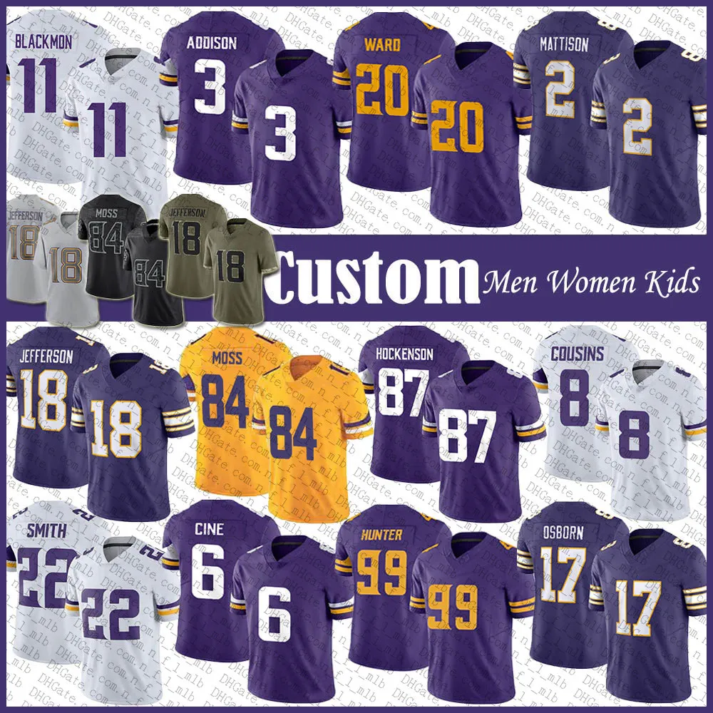 Personnalisé 3 Addison Justin Jefferson Maillot de football TJ Hockenson Kirk Cousins Harrison Smith Alexander Mattison Danielle Hunter KJ Osborn Mekhi Blackmon Randy Moss