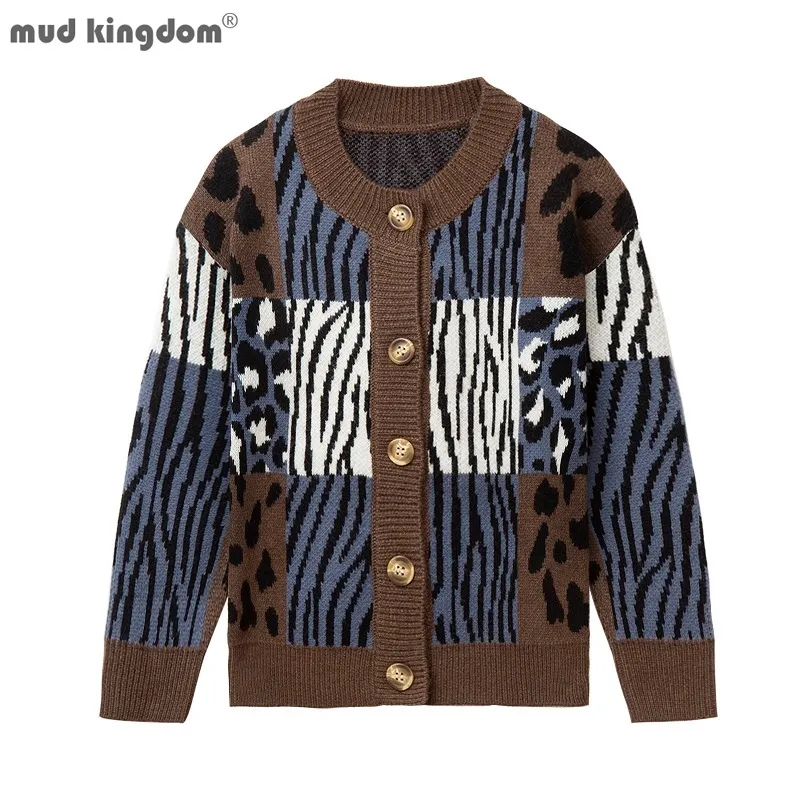 Пуловер Mudkingdom Big Boy Girl Cardigan Свитер зебры Гепарда Принт кнопкой кнопку вниз в трикотавные свитера с длинным рукавом для детской одежды 230809