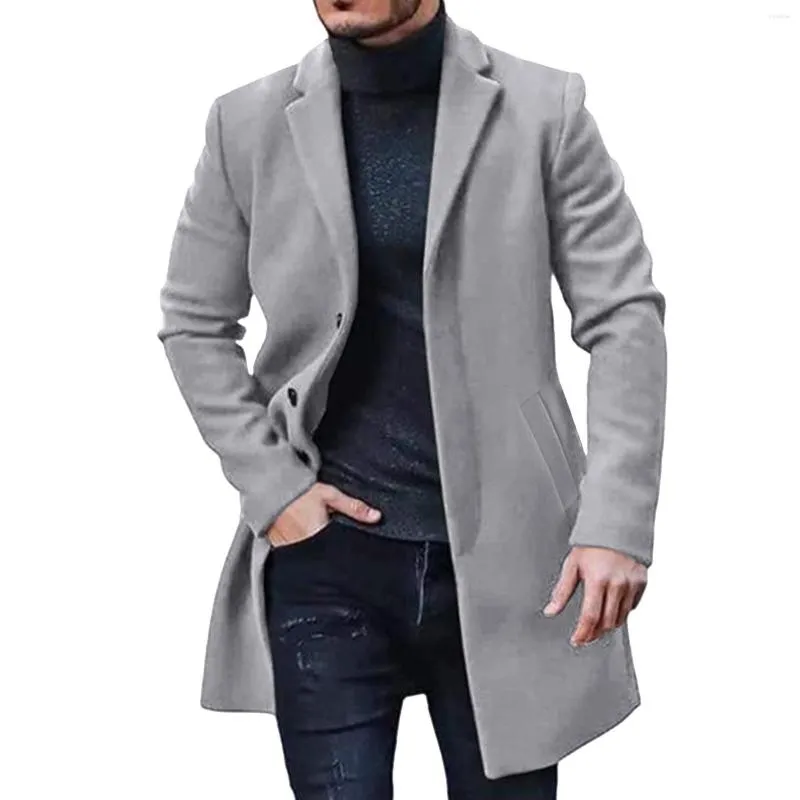 Herrgravrockar Autumn Winter Fashion Solid Color Wool Coat Handsome Lapel Slim Fit Long Sleeve Woolen Overcoat Windbreaker