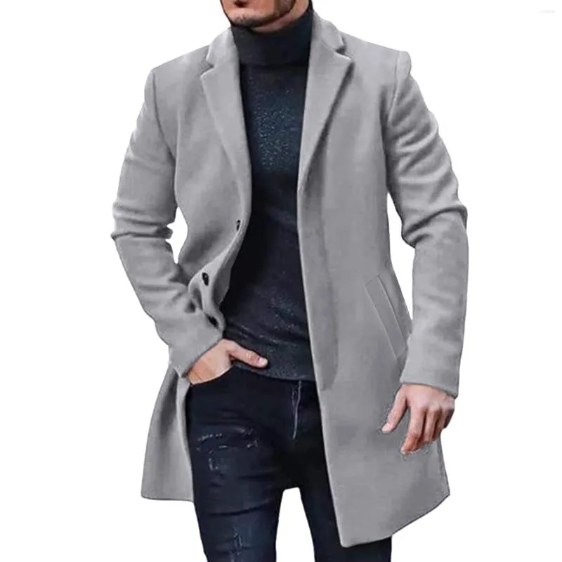 Trench Coats Masculinos Outono Inverno Moda Cor Sólida Casaco de Lã Bonito Lapela Slim Fit Manga Longa Sobretudo de Lã Jaqueta Corta-vento