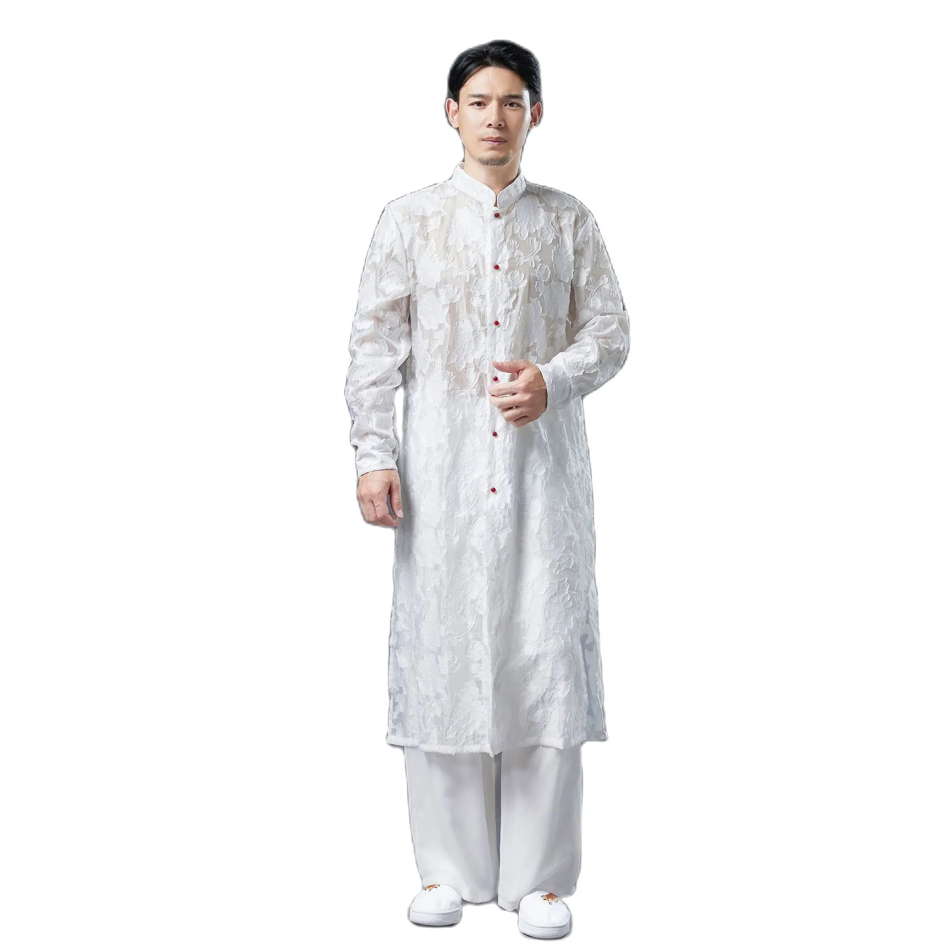 Chinese Ethnic Clothing Black and White Robe Traditional Male Cheongsam  Cotton Gown Stand Collar Men's Vintage Tang Suit Oriental Costume