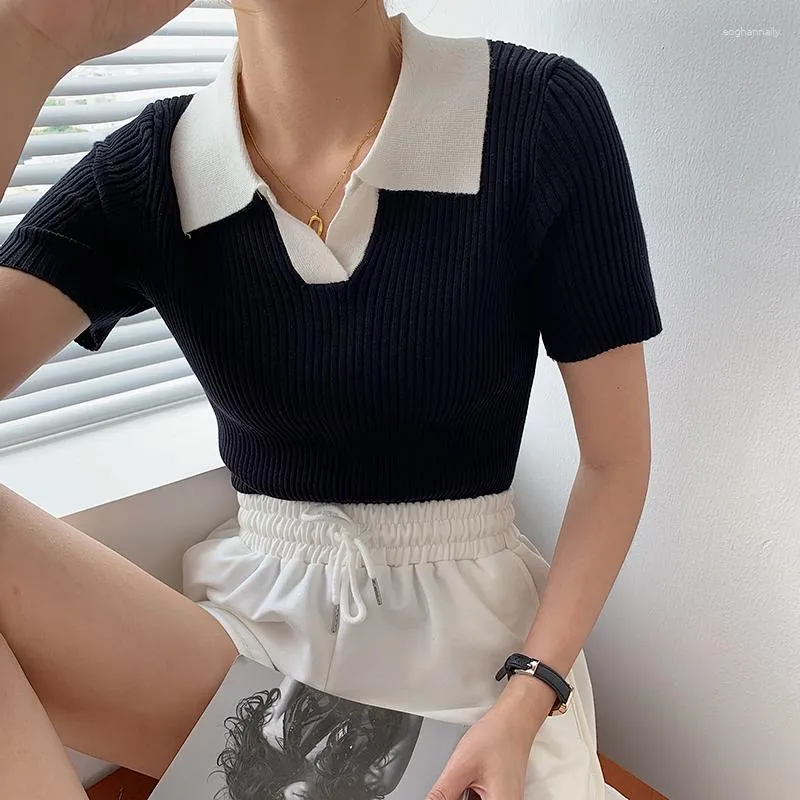 Kobiety Sweters Real S: Polo Collar Contrast T-shirt dla kobiet 2023 Summer Korean Slim Top