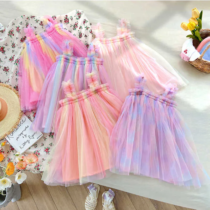 Sukienki dziewczyny gaun sellempang jala pelangi populer baru musim Panas 2023 Gaun Putri Renda Tepi Telinga Kayu Gaun Pesta Suppulower Berbulu