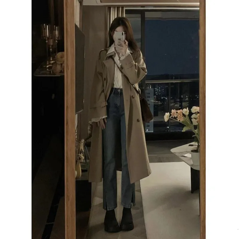 Women's Trench Coats Korean Fashion Windbreaker Jacket Female 2023 Khaki Mediumlength Loosefitting Casual Coat Office Street Overcoat 230808