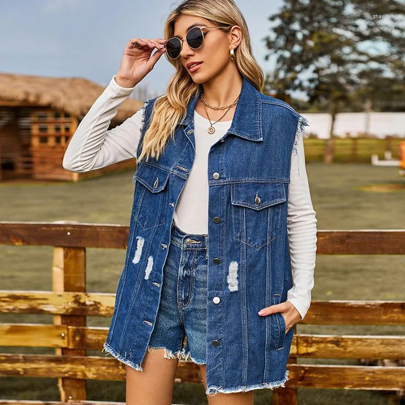 Gilet da donna Gilet blu Fashion Loose Street Style Casual Frange nere senza maniche Eleganti giacche da donna in denim 2023