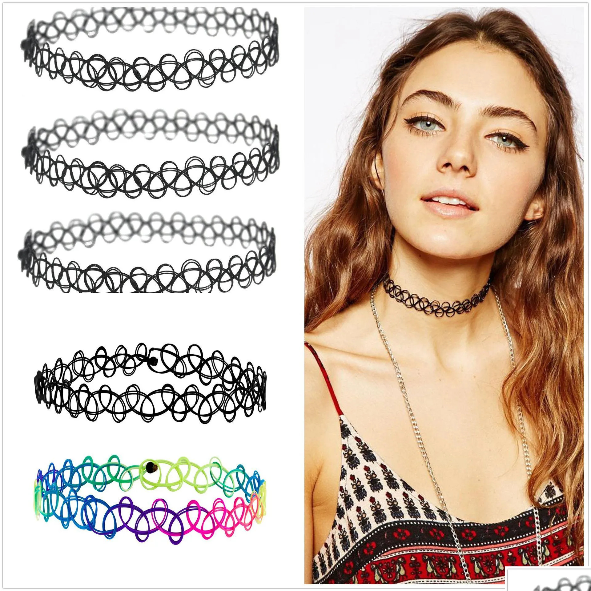 Chokers New Stretch Tattoo Choker Necklace Gothic Punk Grunge Henna Elastic 12 Colors For Fashion Women Drop Delivery Jewelry Necklace Dhmgn