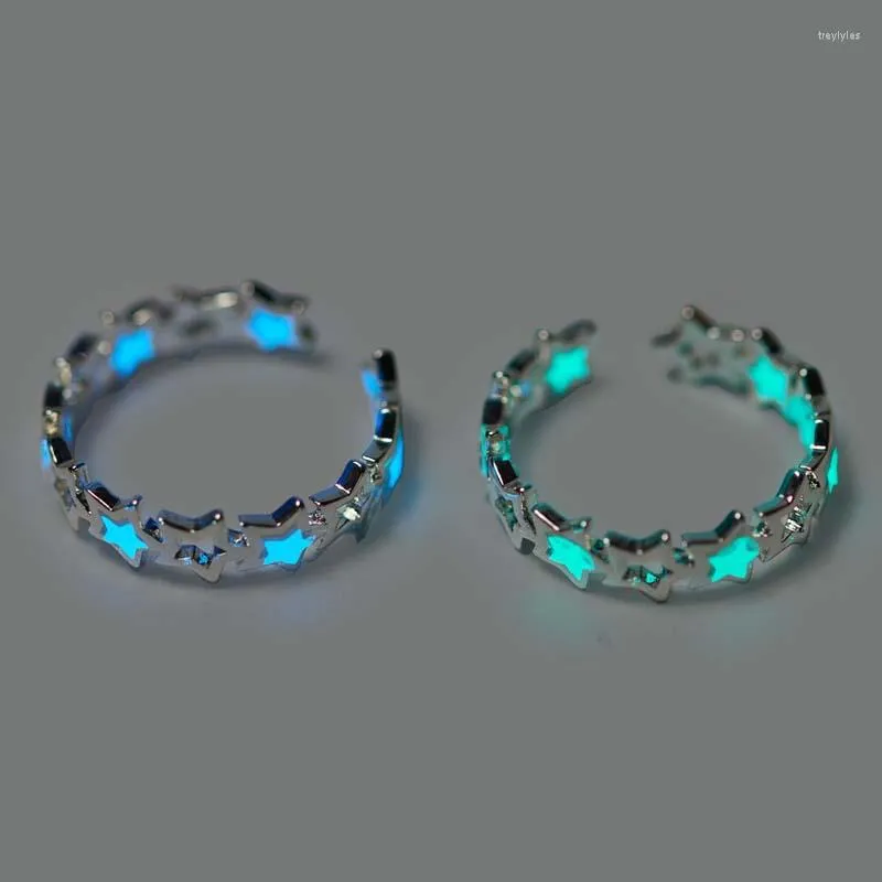 Cluster Ringen Mode Blauw Groen Lichtgevende Sterren Paar Voor Vrouwen Eenvoudige Zilveren Kleur Glow In Dark Verstelbare Vinger Sieraden Geschenken