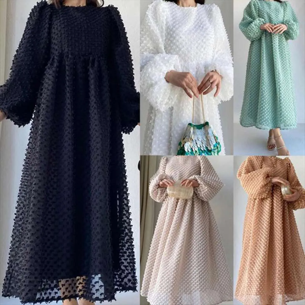 Middle Eastern Fashion Womens Dress Pure Color Round Collar Lantern Sleeves Arabian Elegant Long