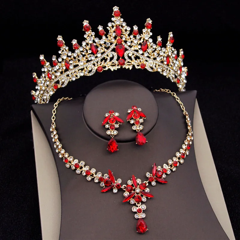 Bröllop smyckesuppsättningar Red Crown Bridal smyckesuppsättningar för kvinnor rosa tiaras halsband örhängen uppsättningar prom bröllopsklänning brud smycken kostym tillbehör 230808