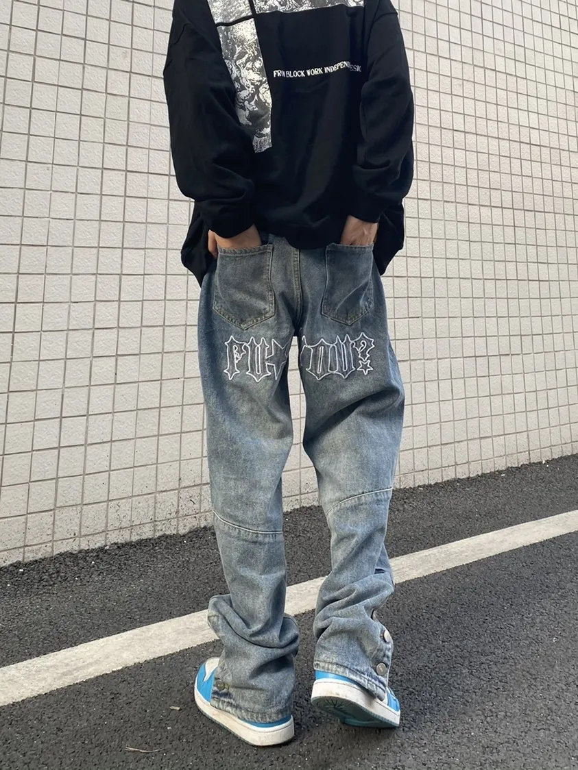 Mens Jeans Y2k Streetwear Jean Male Hiphop Loose Straight Denim Pants Chic Casual Punk Embroidery Button Wide Leg Trousers 230809