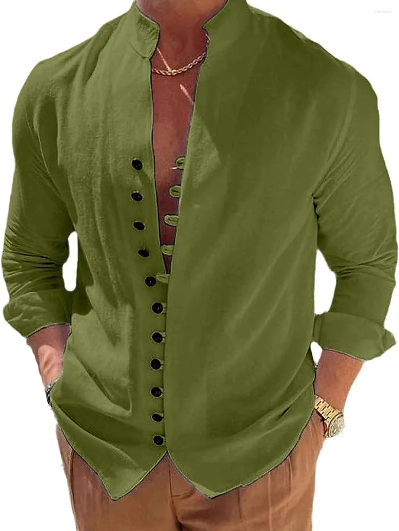 Men's Casual Shirts Mens Cotton Linen Long Sleeve Band Collar Button Down Beach Shirt