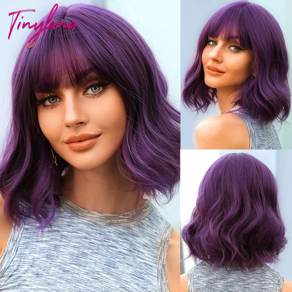 Gray Purple Pink Short Bob Synthetic Wigs with Bangs Curly Cosplay Ombre Wig for Women Afro Natural Wave Heat Resistant Hair