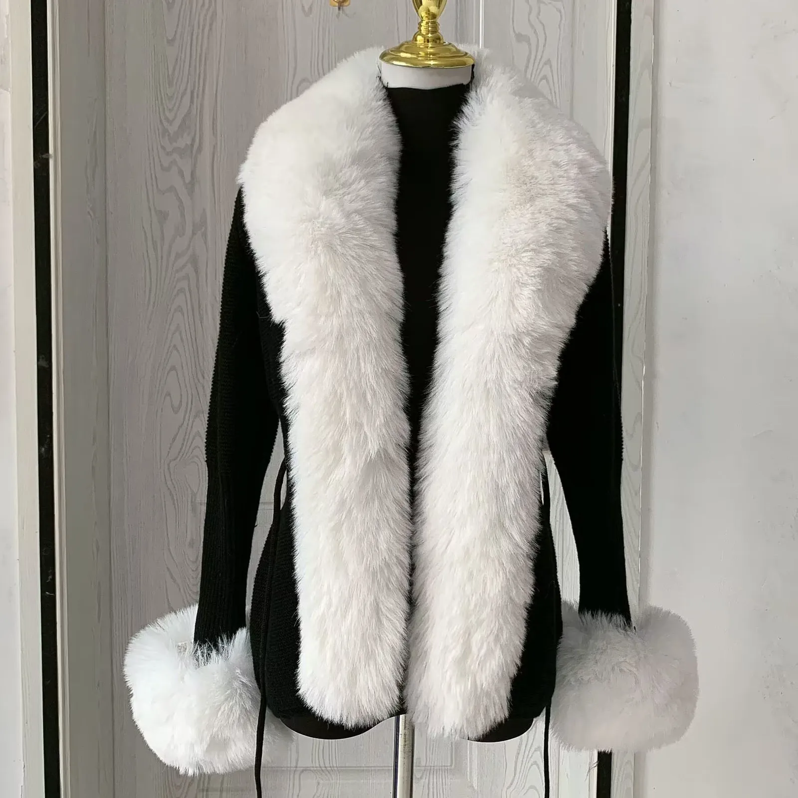 Women's Fur Faux Women faux fur knitted cardigan with whole collar Autumn winter luxury fashion sexy artificial 230808